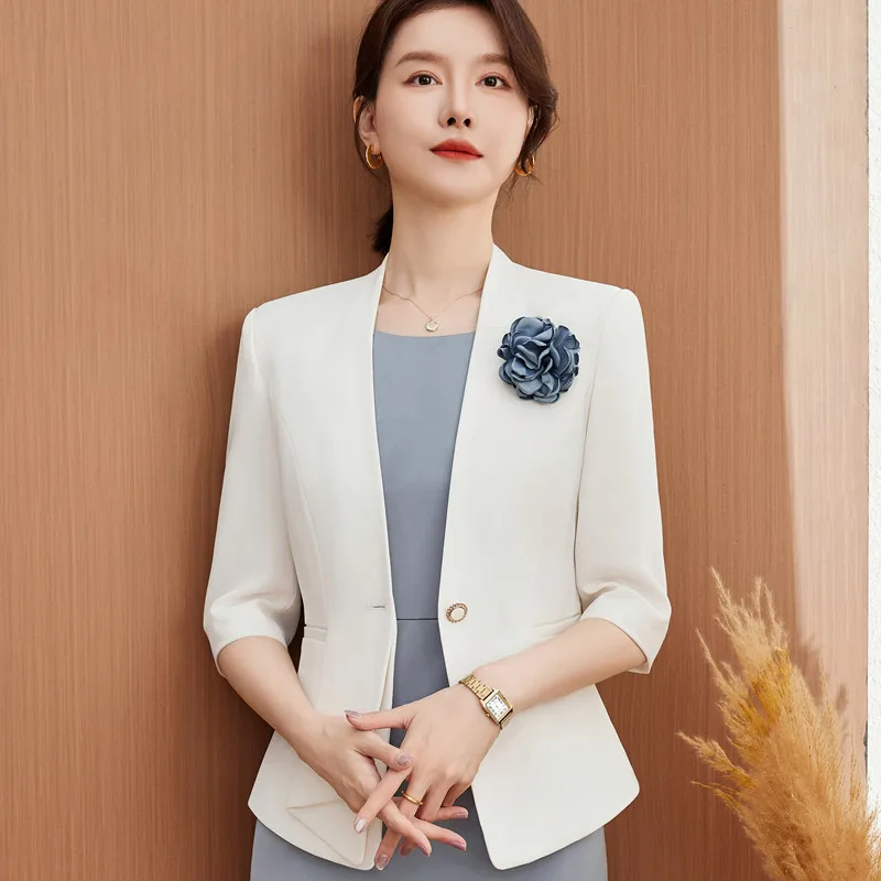 NAVIU New Fashion Eleagnt Slim Fit Small Suit Coat Womens Summer Thin 2024 White Blazer Business Work Wear Jacket Send corsage