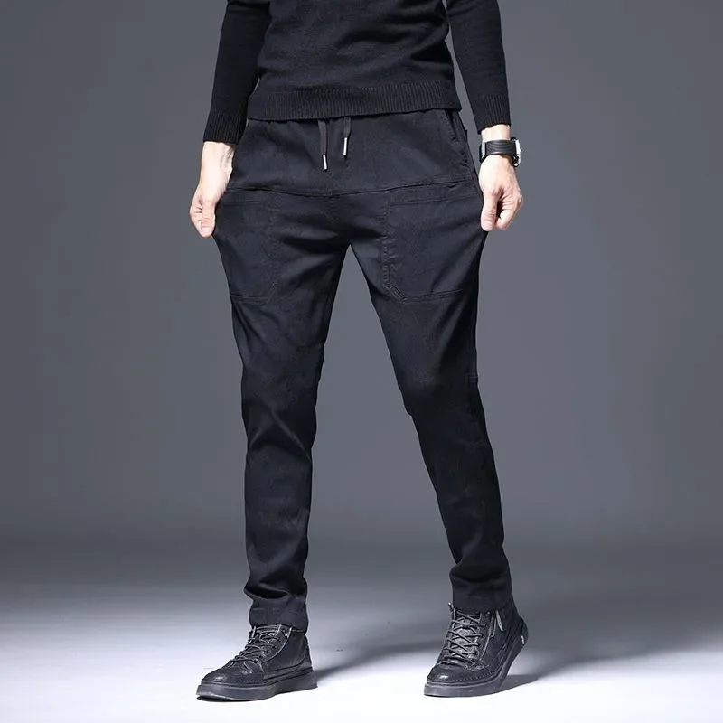 

Жаккардовые повседневные брюки с шестью карманами на талии, мужские весенне-осенние новые узкие эластичные брюки, молодежные трендовые длинные брюки