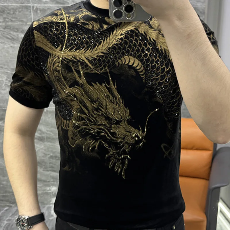 European Style Men Hot Drilling Velvet Thick Short Sleeve Fashion Versatile Trendy Luxury Casual Round Neck Gold Tee Shirt Homme