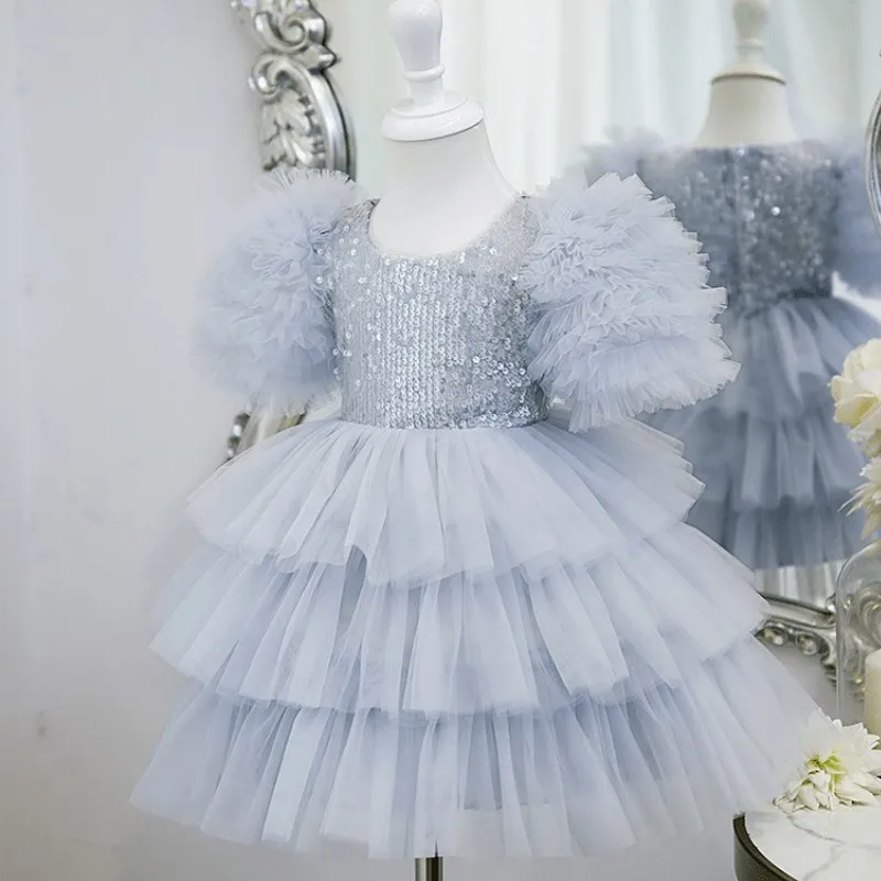 Baby Girl Princess Sequins Tutu Dress Infant Toddler Child Puff Sleeve Tulle Vestido Elegant Party Birthday Baby Clothes 1-12Y