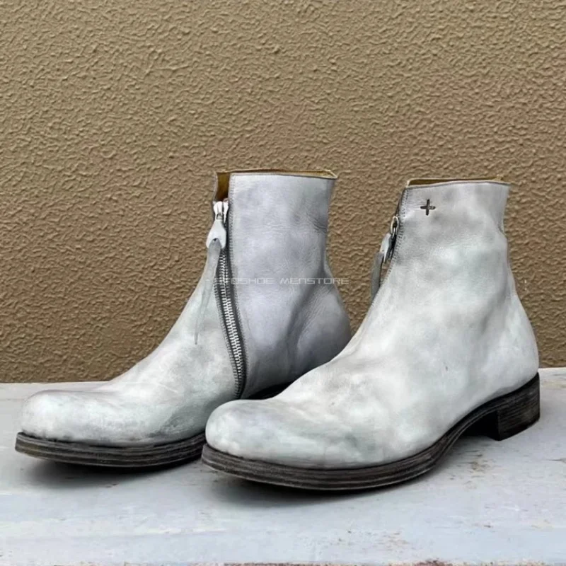 White Gray Distressed Short Boots for Men Side Zipper Retro Short Tube Boots Dirty Round Toe Motorcycle Boots Slim Style