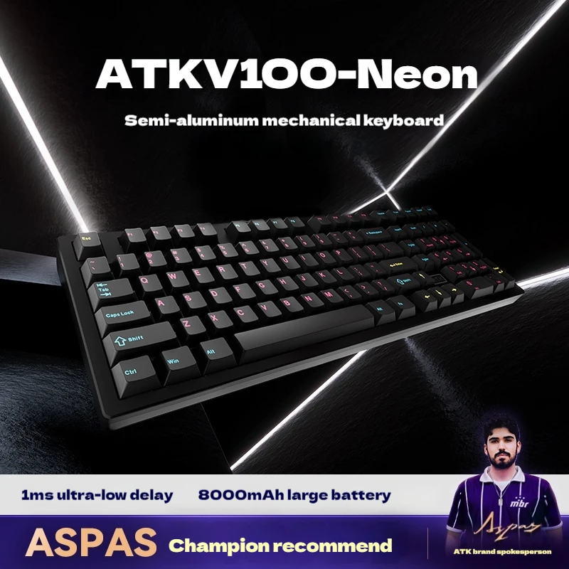 ATK V100 Mechanical Keyboard Three Mode Connection Half Aluminum Large Array Low Latency Ergonomic Design RGB Gaming Keyboard