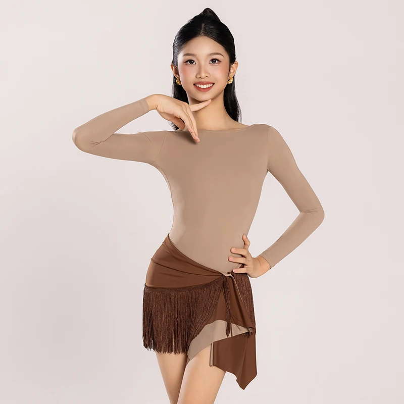 New Girls Latin Dance Clothes Skin Color Leotards Double Side Skirts Tassel Hip Scarf Long Sleeves Kids Practice Dresses BL17735