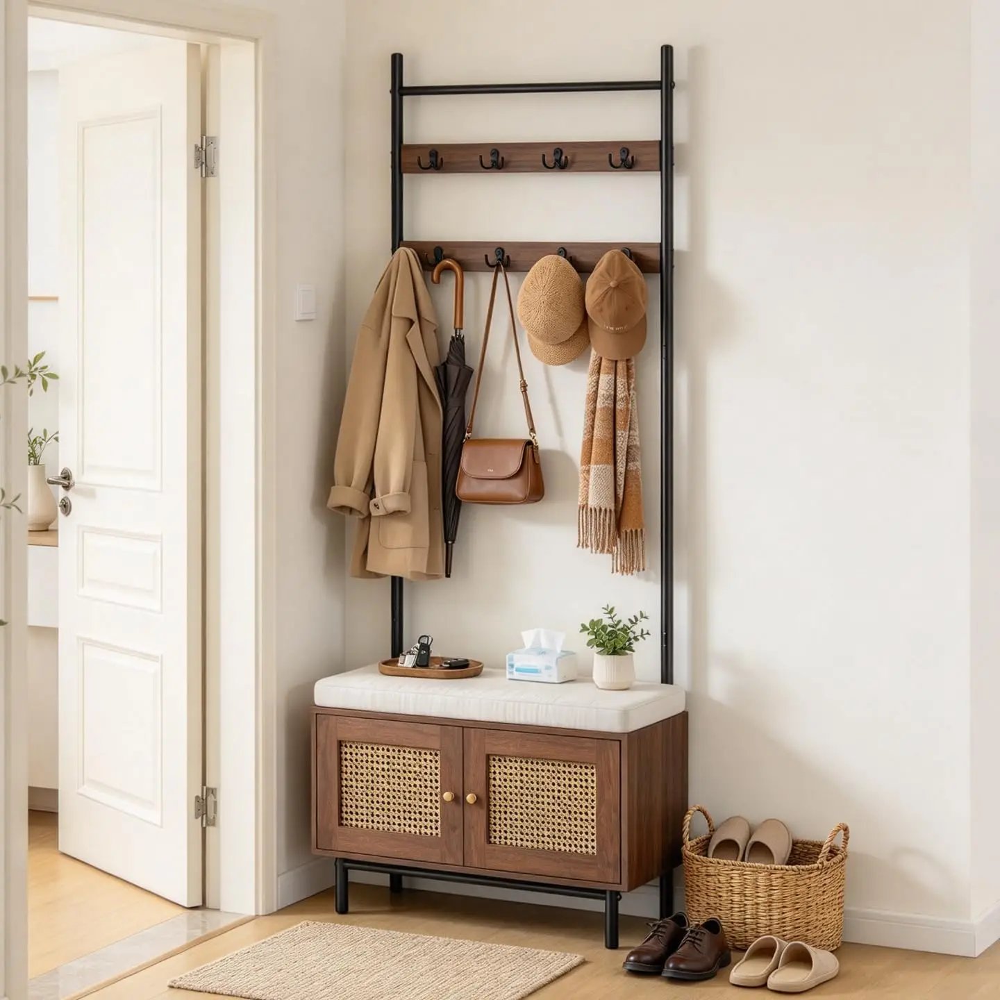 Entryway Bench Coat Rack Built in Shoe Storage Rattan Hall Tree Scandinavian Style for Small Spaces Mudroom Foyer