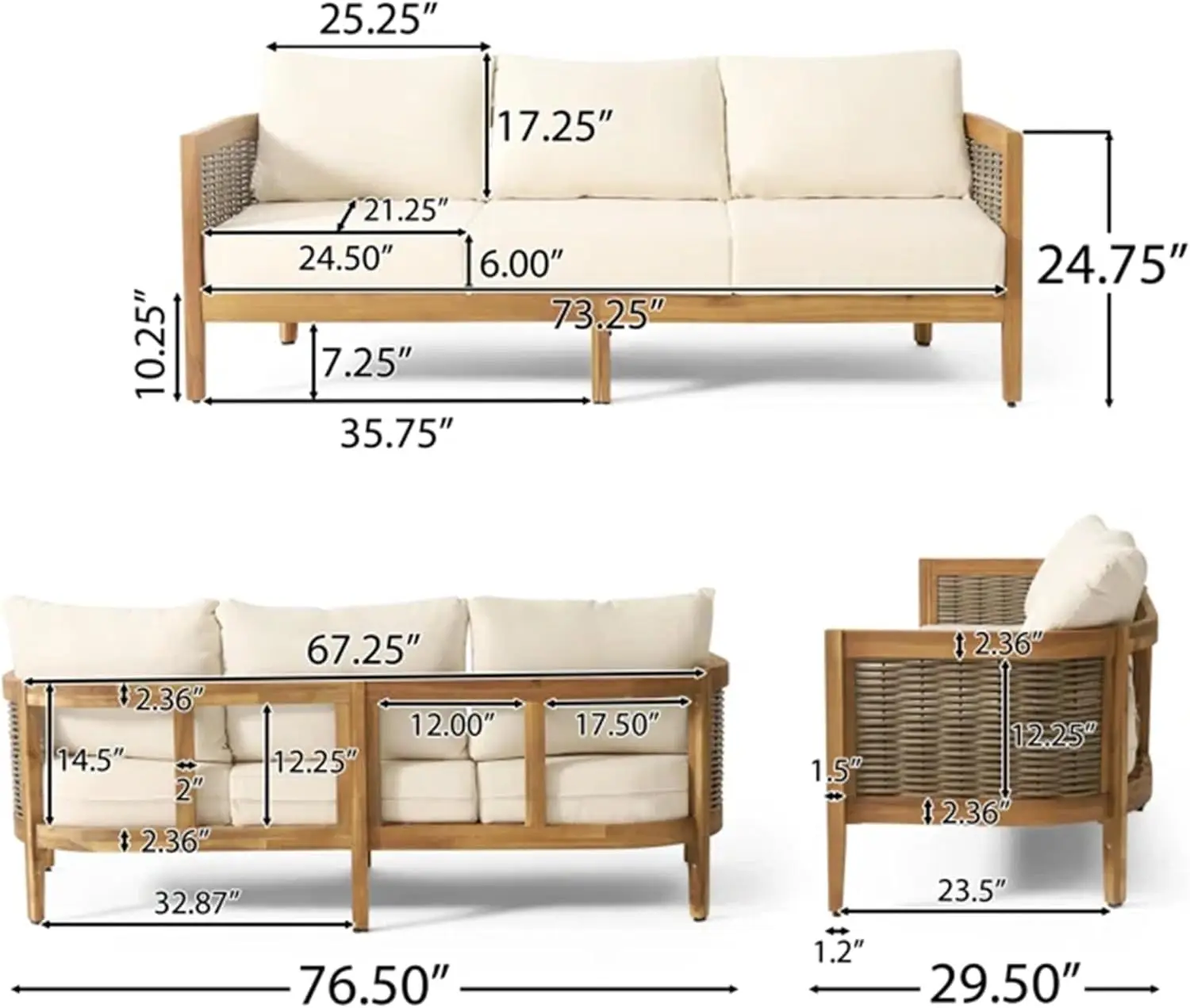 Outdoor Acacia Wood Wicker Seater Sofa, Patio Furniture Conversation Set for Backyard