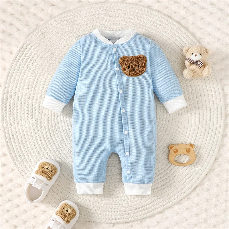 Bear Embroidery Sweater Jumpsuit Baby Girl Boy Romper Button Bodysuit Waffle Knit  Newborn Coming Home Outfit