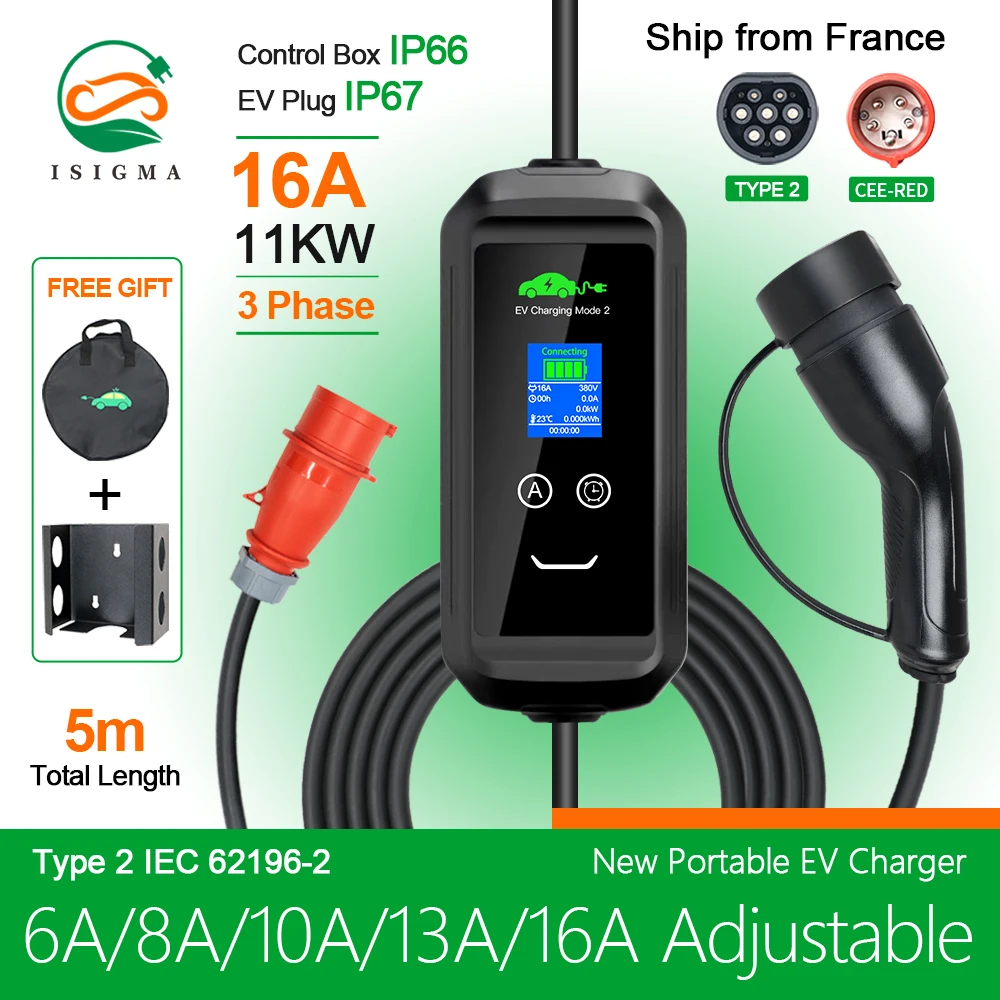 ISIGMA 11KW 16A Type2 EVSE Charging Box EV Portable Charger Electric Car Charger CEE Plug IEC62196-2 Electric Vehicle Charger