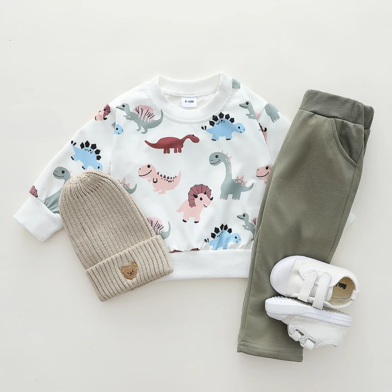 Ensemble à manches longues et col rond pour nourrissons et tout-petits, imprimé dinosaure de dessin animé, deux pièces pour garçons et filles, 2 pièces