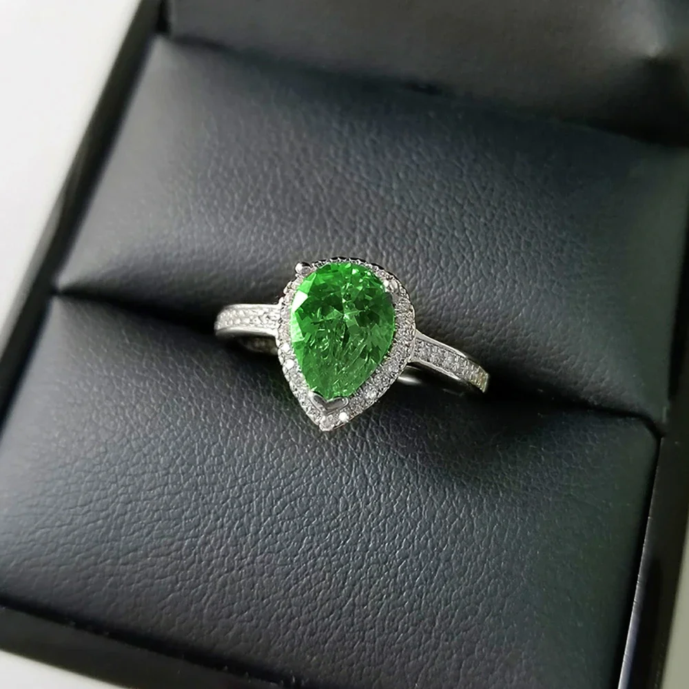 Silver Color Designer Pink Pear Cut Zircon The Engagement Rings for Women Wedding Anel Aneis Fashion Party R603-green