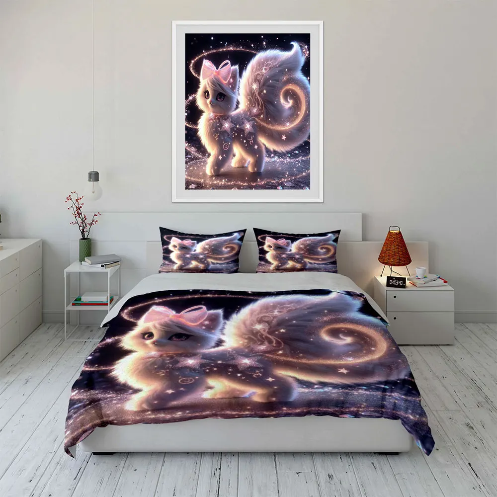 Dreamy starlight kitten Duvet Cover Set with 3D Printing Design Soft Polyester Bedding Set All-Season Comfort Machine Washable