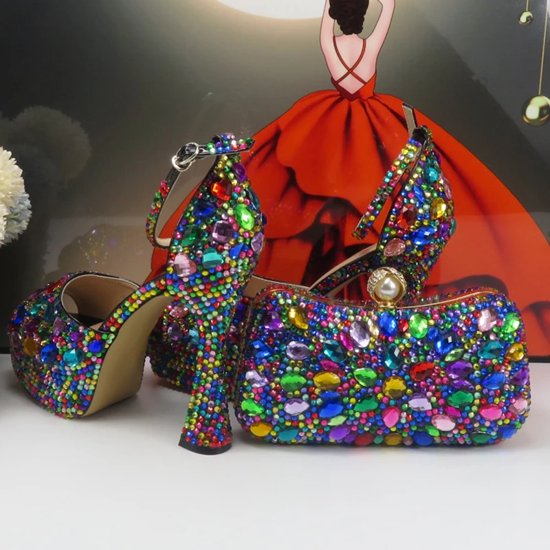 BaoYaFang Brand Summer Bridal Shoes and bag Fashion Sandals Female Ankle Strap Multicolored Crystal Sandals Girls Wedding Shoes