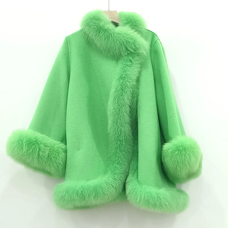 2022 New Plus Size Autumn Wool Blended Coat With Real Fox Fur Trimming Luxury Winter Warm Female Jacket Outwear