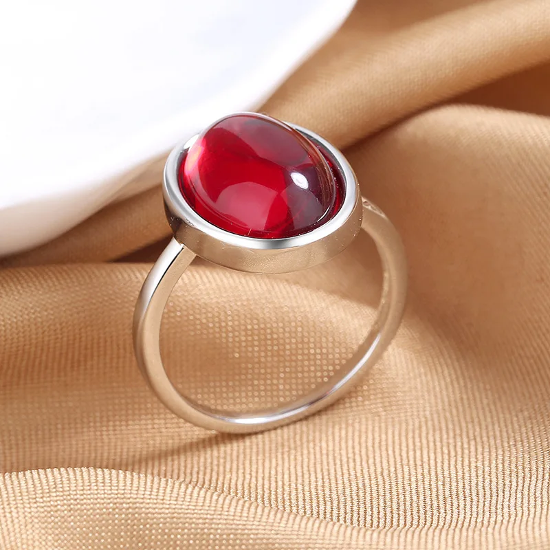 Vintage Female Big Oval Red Stone Rings For Women Antique Silver Color Synthetic Moonstone Wedding Bands Engagement Ring Jewelry