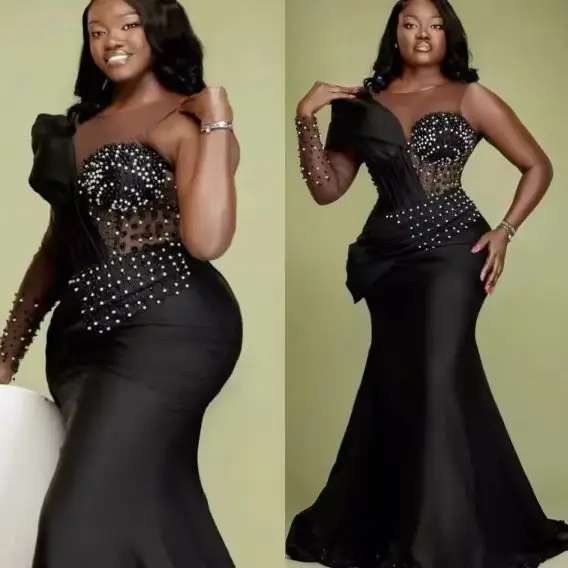 Customized plus Size African Mermaid Prom Dress with Transparent Pearl Robe De Soiree for Birthday Or Second Reception Evening E