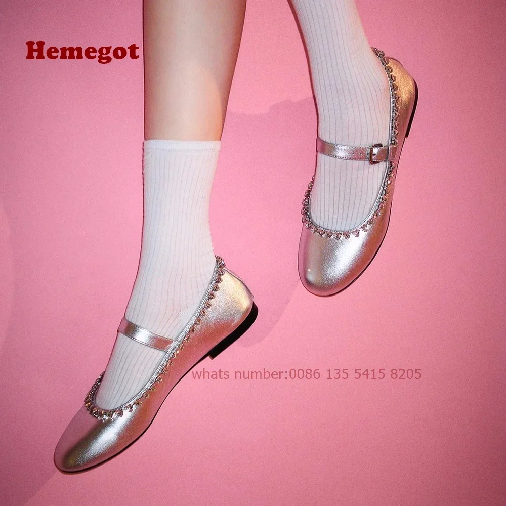 

Rhinestones Embellishment Buckle Pumps Round Toe Flat with Low Heels Women's Pumps Shallow Nude Crystals Bling Ballet Shoes Sexy