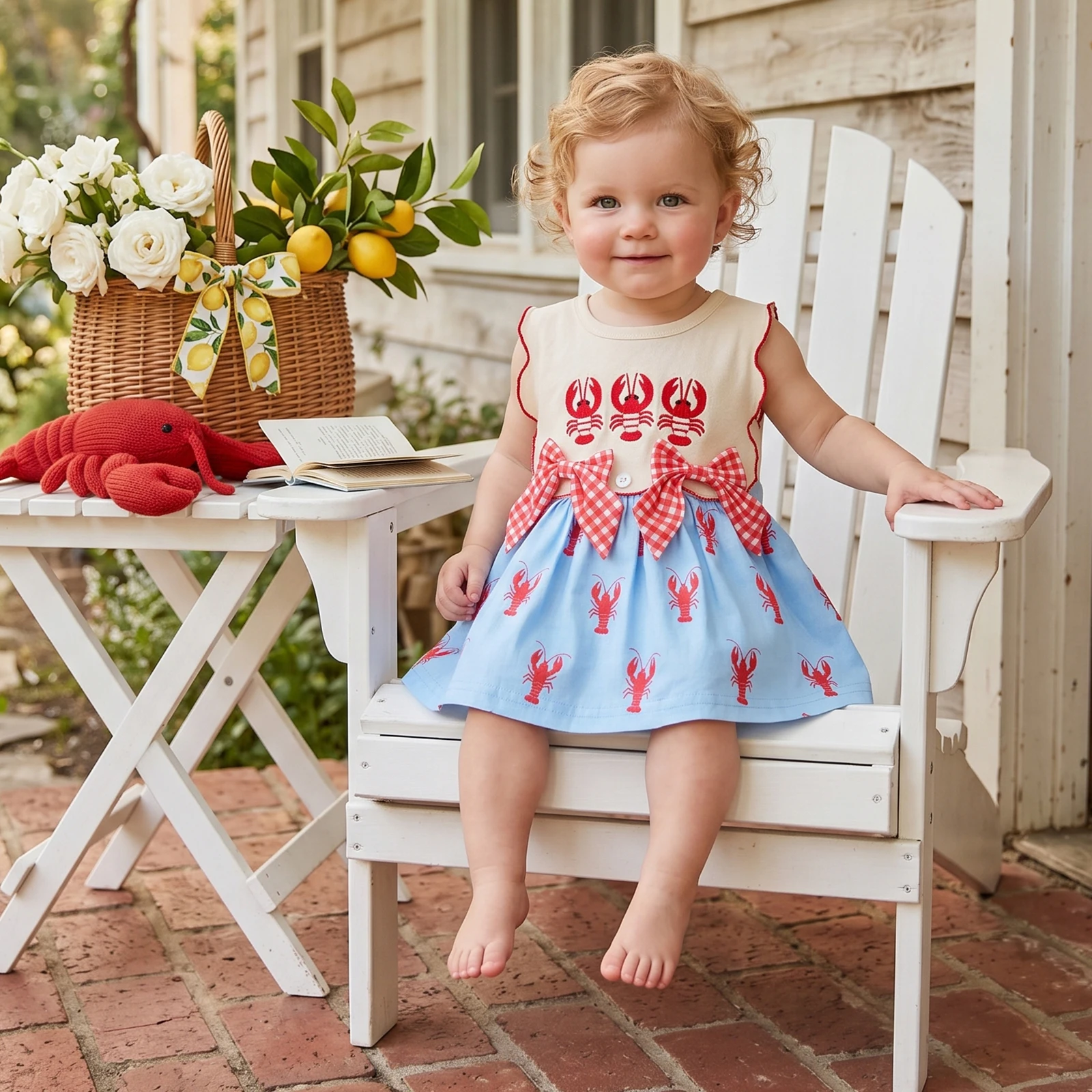 Baby Girl Crawfish Outfit Bows Lobster Embroidered Sleeveless Tops and Plaid Bloomers 2 Piece Summer Set