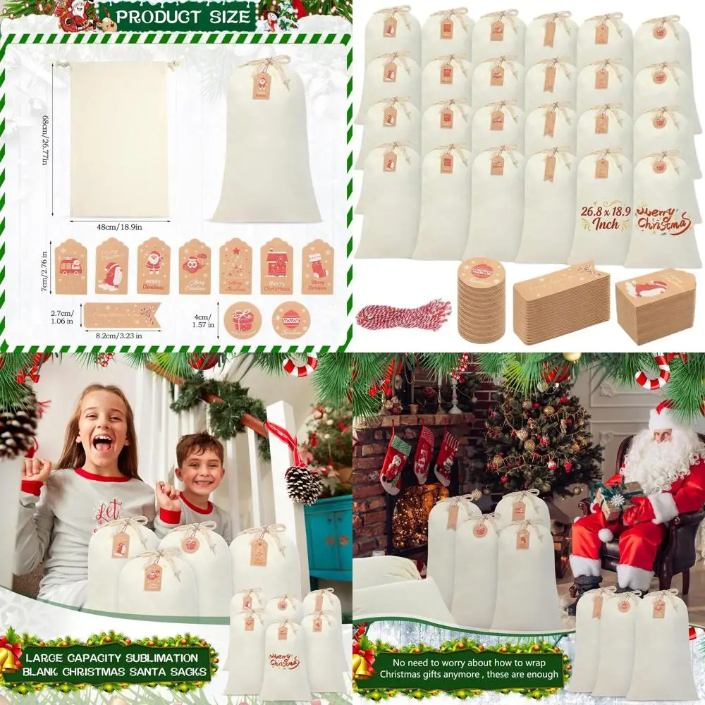 

Set of 24 Large Christmas Santa Sacks for Gifts, 26.8 x 18.9, with 50 Kraft Tags & Strings for DIY