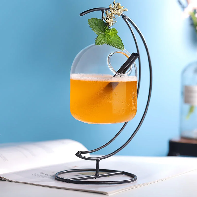 Bar New Ideas Hanging Basket Cocktail Glass Heart Moon Iron Frame Suspension Bottle Juice Beverage Molecular Special Drinks Cup