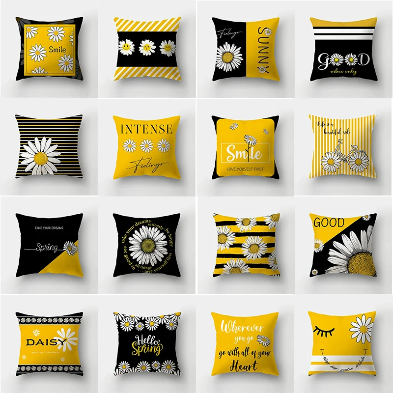 Modern Yellow Daisy Flower Fresh Cushion Cover Creative Letter Print Pillowcase Bedroom Room Polyester Pillowcase Home Decor