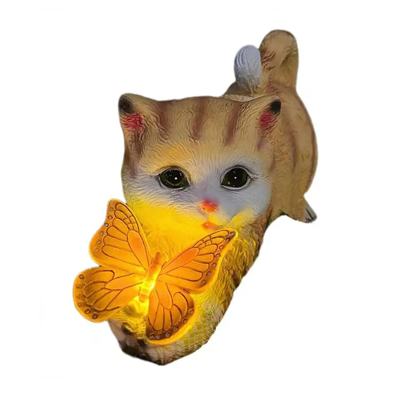 Cat Solar Light Solar Garden Statue Cat Figurine Resin Kitten Statue Playing Butterfly Cat Butterfly Sculpture Statues For Patio