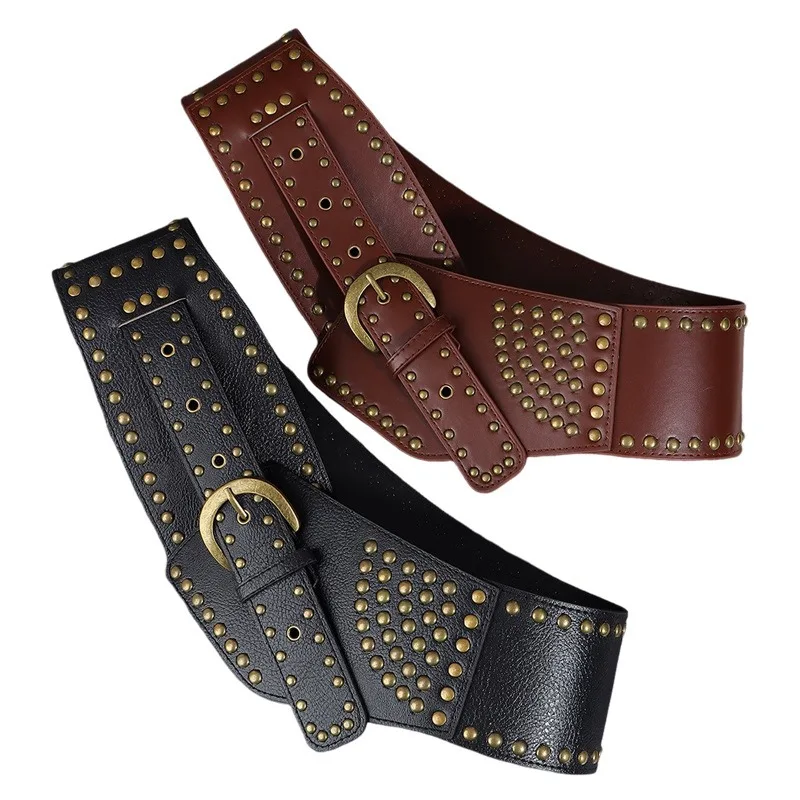 Retro Punk Style Nit Retro Szeroki Pas Damski Gorset Ozdobny Pas Moda PU Skóra Regulowany Szeroki Pas Damski ﻿