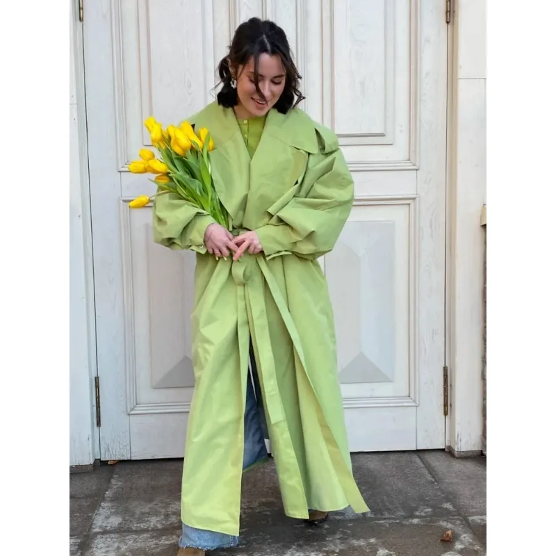 

Spring Green Belted Windbreakers Women's Loose Lapel Lace-up Button Full Sleeve Trench Coat Ladies New High Street Outwear
