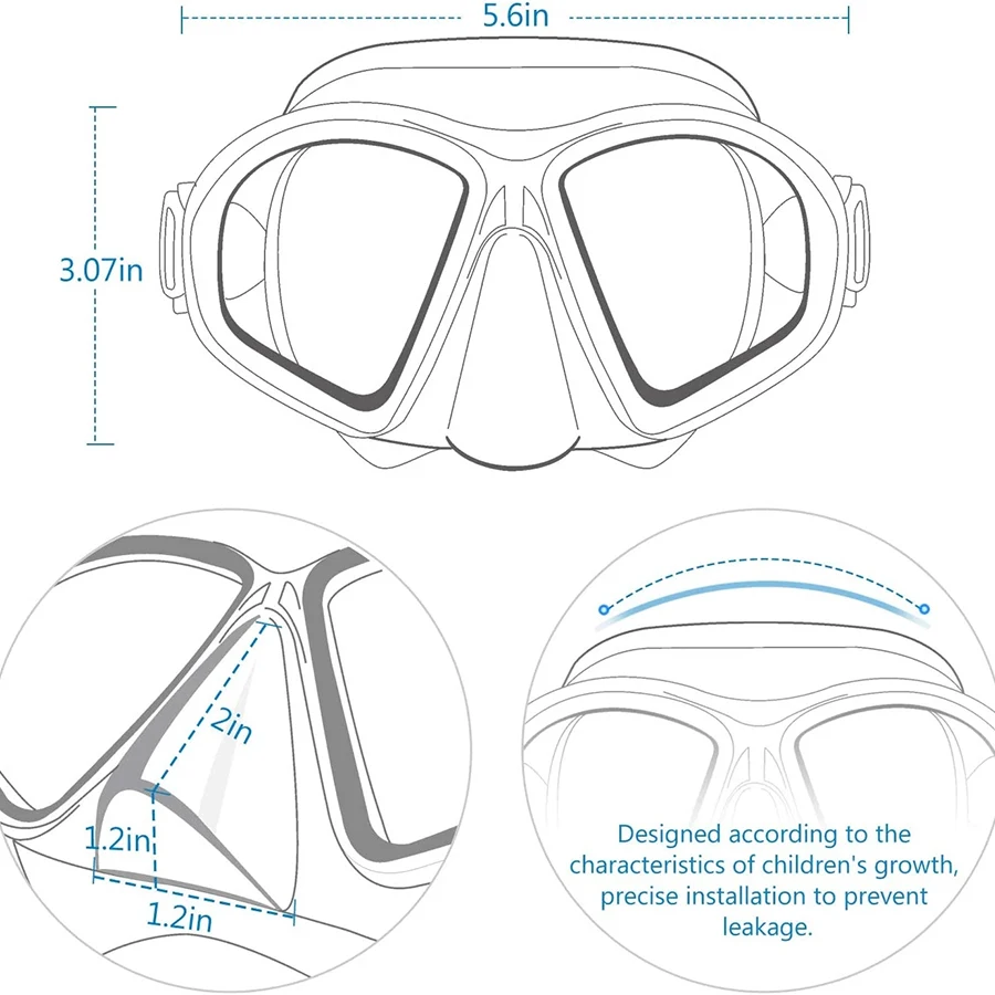 Child Prescription Snorkeling Glasses Set Small Volume Kids Swim Mask Combo with Customize Diopter Lens for Myopia -1.5 to -6.0