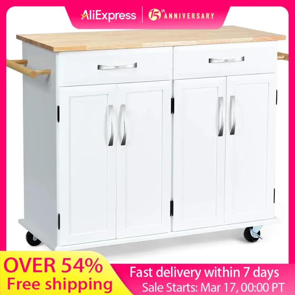 

Kitchen Trolley Cart, Rolling Utility Island w/Rubber Wood Top, Large Storage with Smooth Lockable Wheels Home Kitchen Carts