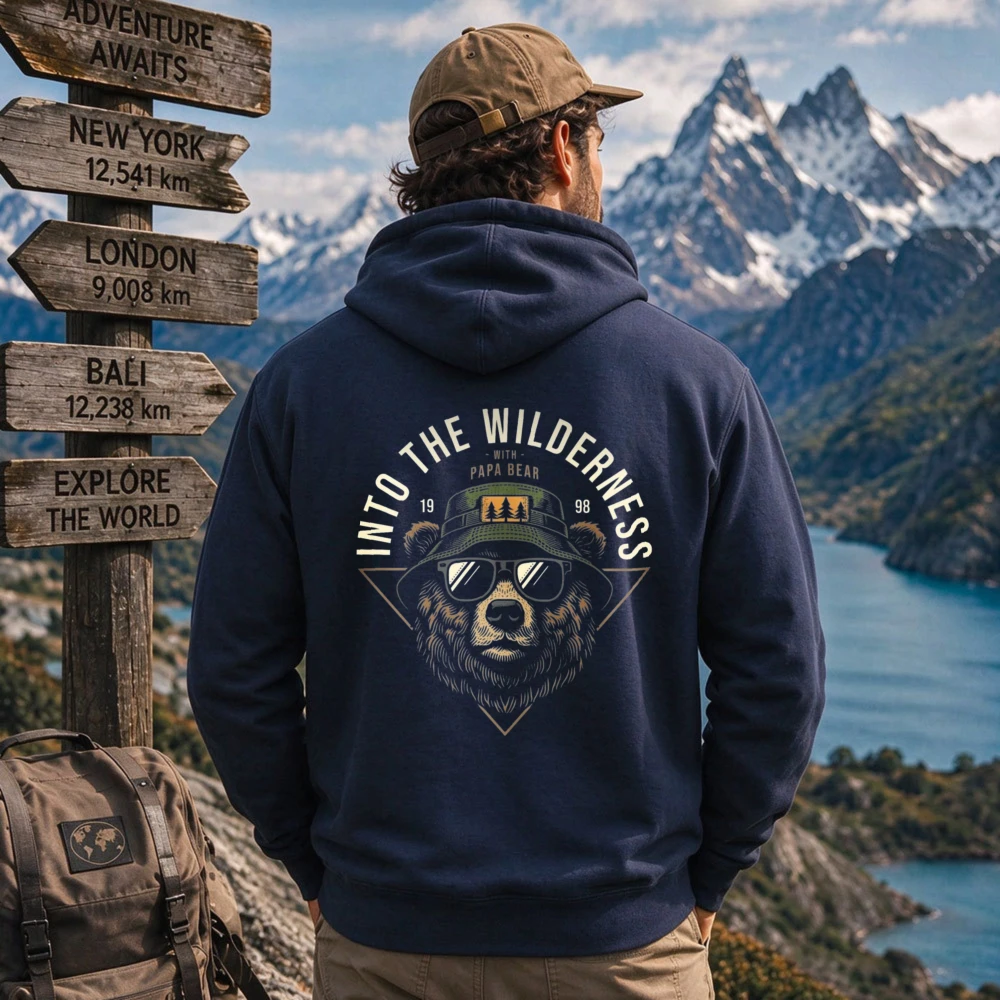 Into The Wilderness Papa Bear Sunglasses Graphic Hoodie Unisex Wild Bear Triangle Back Print Pullover Camping Outdoor Adventure