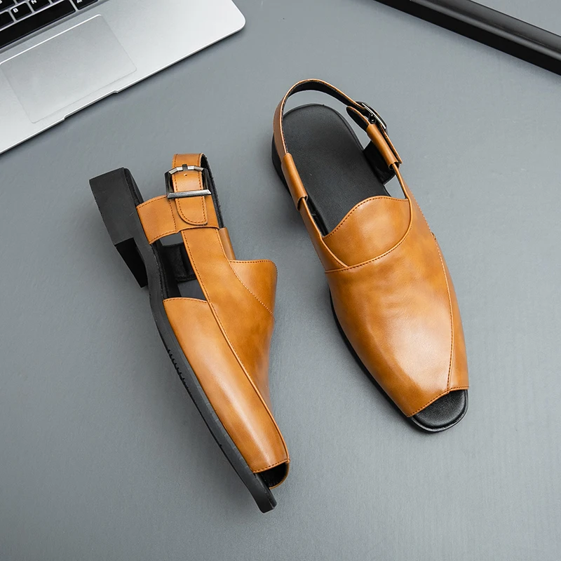 Summer Men's Business Pointed Leather Sandals Sizes：38-46 Convertible Back Strap  Flat Platform All Match Daily Outdoor Loafers