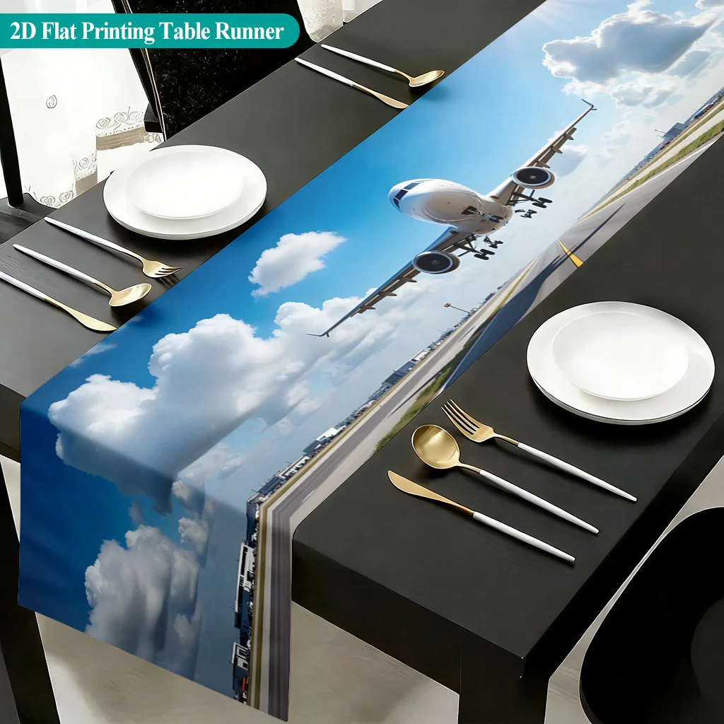 1PC 2D Flat Printing Airplane Taking Off Table Runner, Polyester Rectangular Table Cover for Indoor Outdoor Dining, Family Gathe