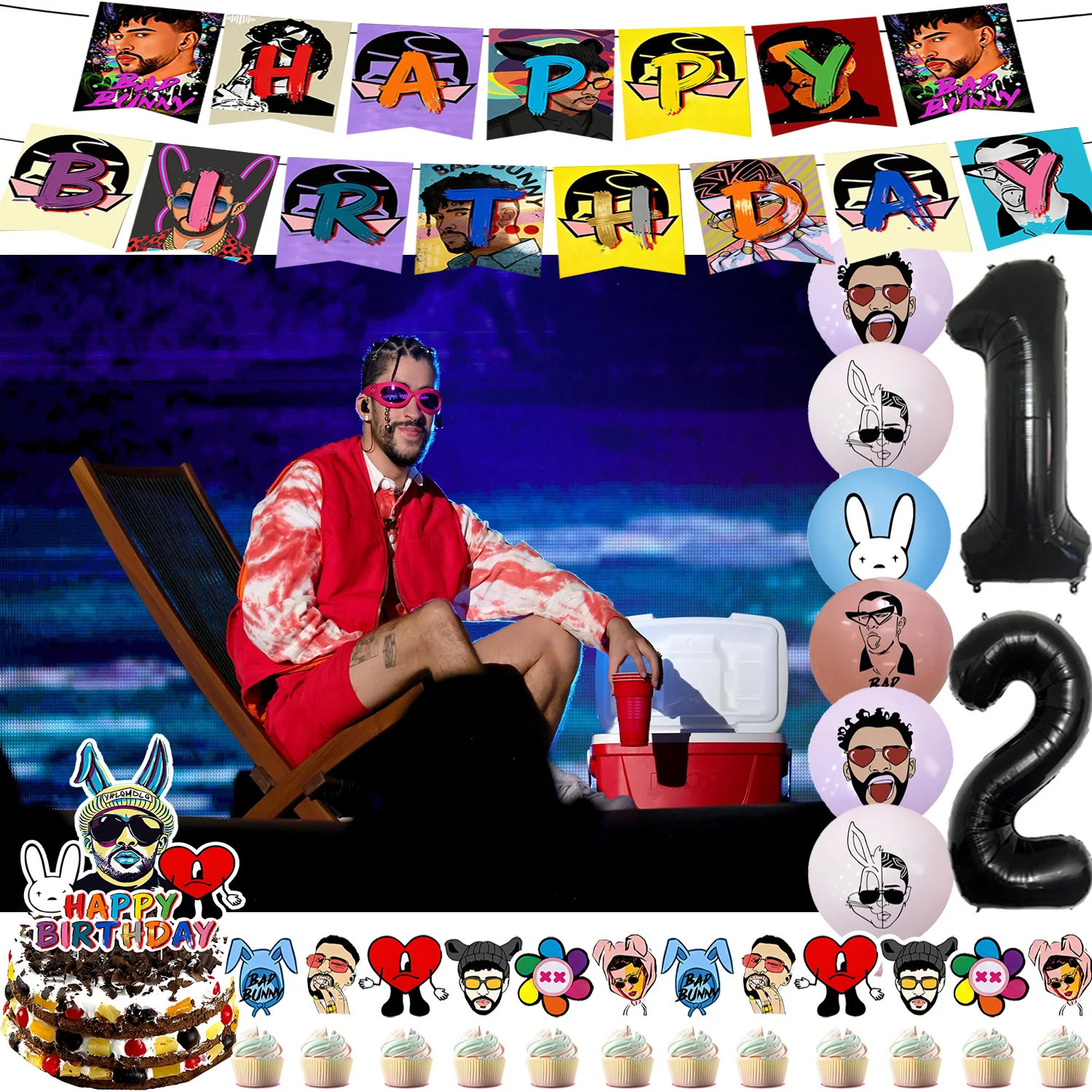 Bad&Bunny Geburtstagsparty-Dekorationsset Happy Birthday Banner Tortendekoration Zahlenballons Cupcake-Topper Hintergrund für Jungen Mädchen