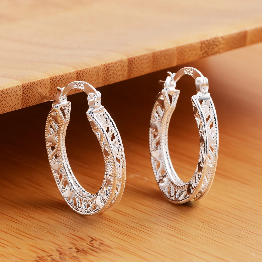 925 Sterling Silver Retro Earrings for Women Jewelry fine Round Carved wedding heart drop Christmas Gifts party