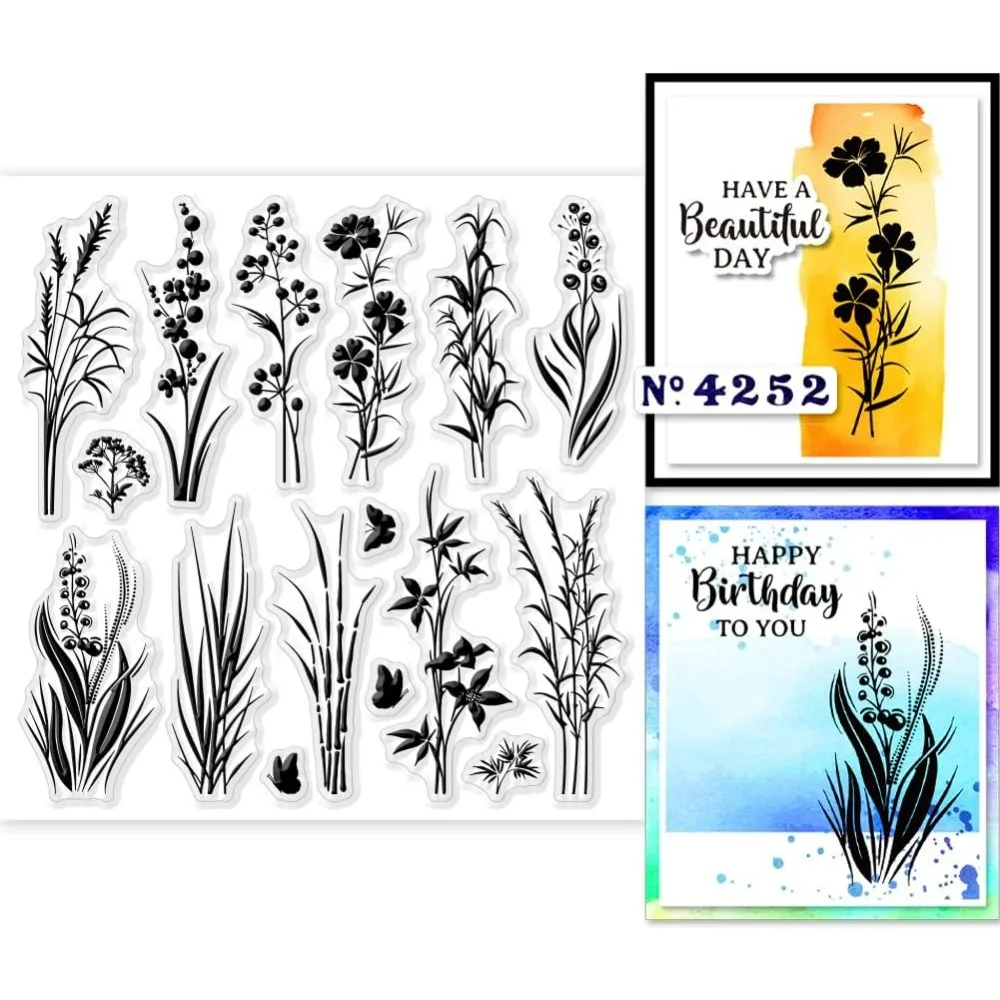 Plants Silhouettes Clear Stamps 5.91x5.91 inch Wildflowers Grass Silhouettes Silicone Clear Stamp Seals Nature Silhouette