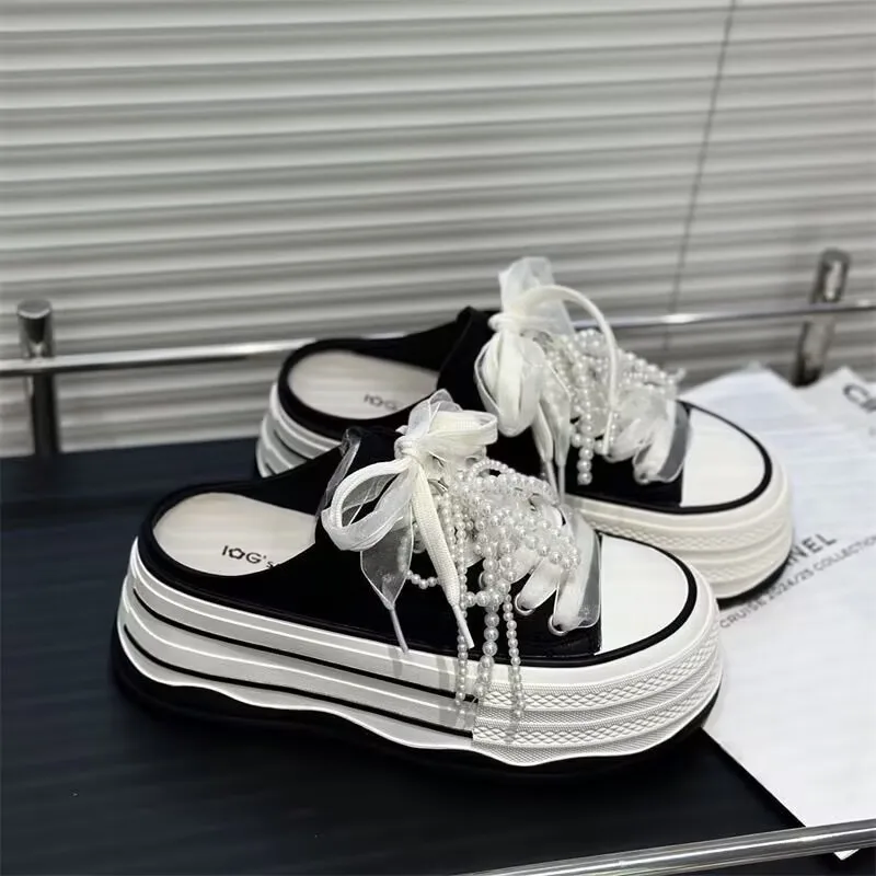 امرأة منصة أحذية رياضية إسفين النعال 2025 الإناث الارتفاع زيادة سيدة حذاء قماش الصيف موضة القوس الديكور بولي Slippers النعال