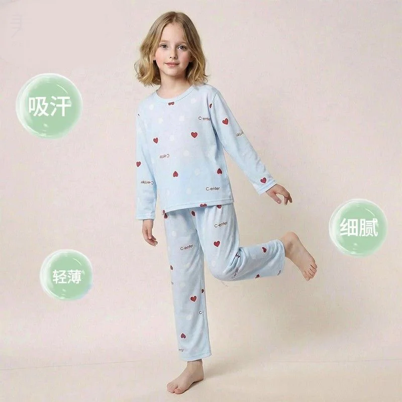 Children's A Set Pure Cotton Pajamas Summer Girls' Loungewear Treasure Crew Neck Printed Pajamas Air-conditioned Clothing 3-18Y