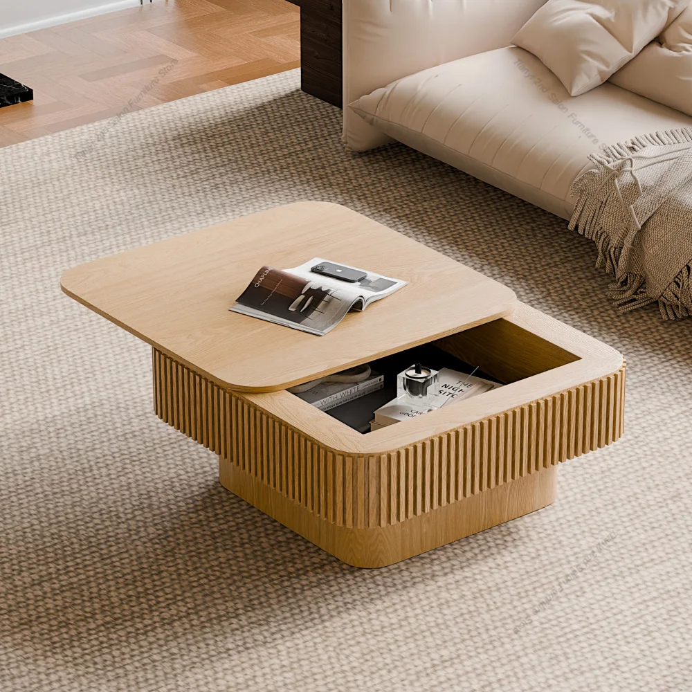 Square Coffee Table with Storage Solid Wood Veneered Modern Accent Tea Table Natural Wood Living Room Bedroom Apartment Office
