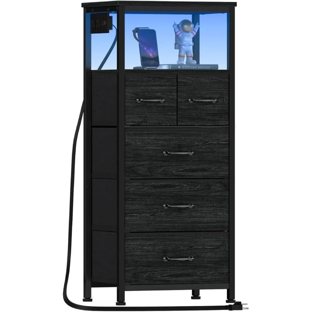 

Vertical Dresser with Charging Station and LED Lights, Black Chest of Drawers with Shelf and 5 Fabric Bins