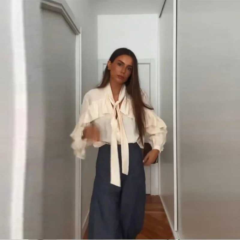 بلوزات شيفون نسائية مثيرة على شكل حرف v وأربطة وأكمام طويلة قمصان فضفاضة مكشكشة مرقعة ملابس داخلية غير رسمية للسيدات على الموضة جديدة 2025 #2