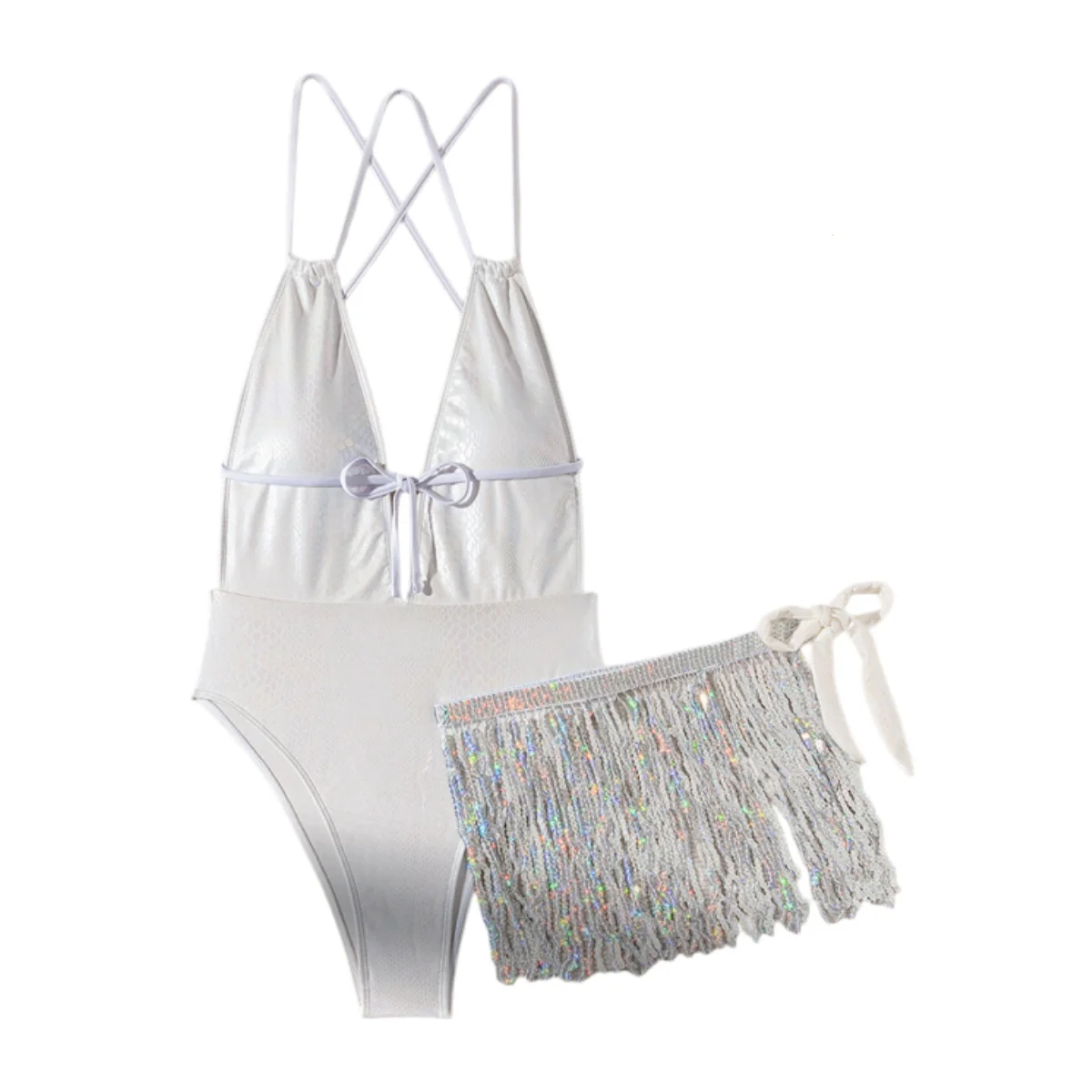 

Shiny One Piece Swimsuit Sexy White Snakeskin Print Deep V Neck Swimwear Backless Bathing Suit Sequin Tassel Skirt Monokini