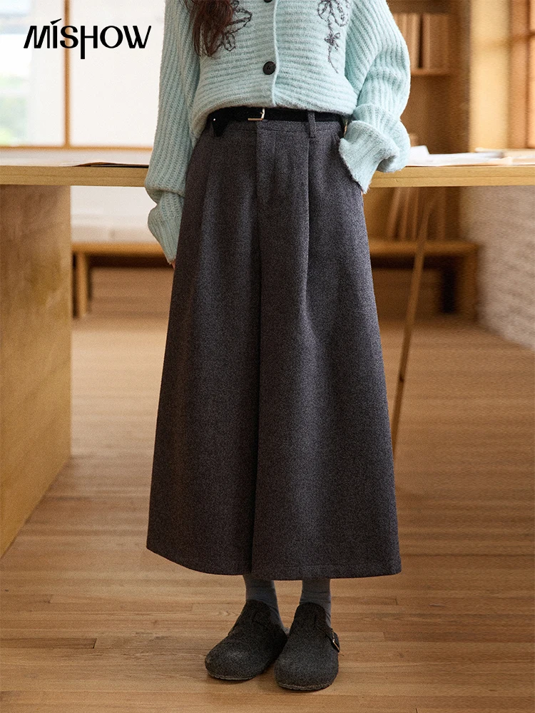 MISHOW Damesbroek 2025, mode, grijze wollen broek met wijde pijpen, hoge taille, cropped retrostijl, woon-werkbroek, warm MXE90K1128