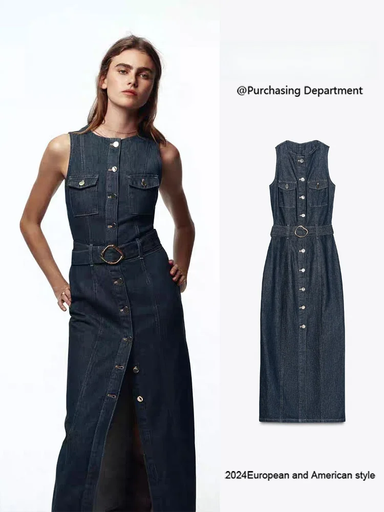 

Summer New Women's Slim Fit Single Button Sleeveless Belted Denim Dress ZA2025 Elegant Fashionable Casual Dress