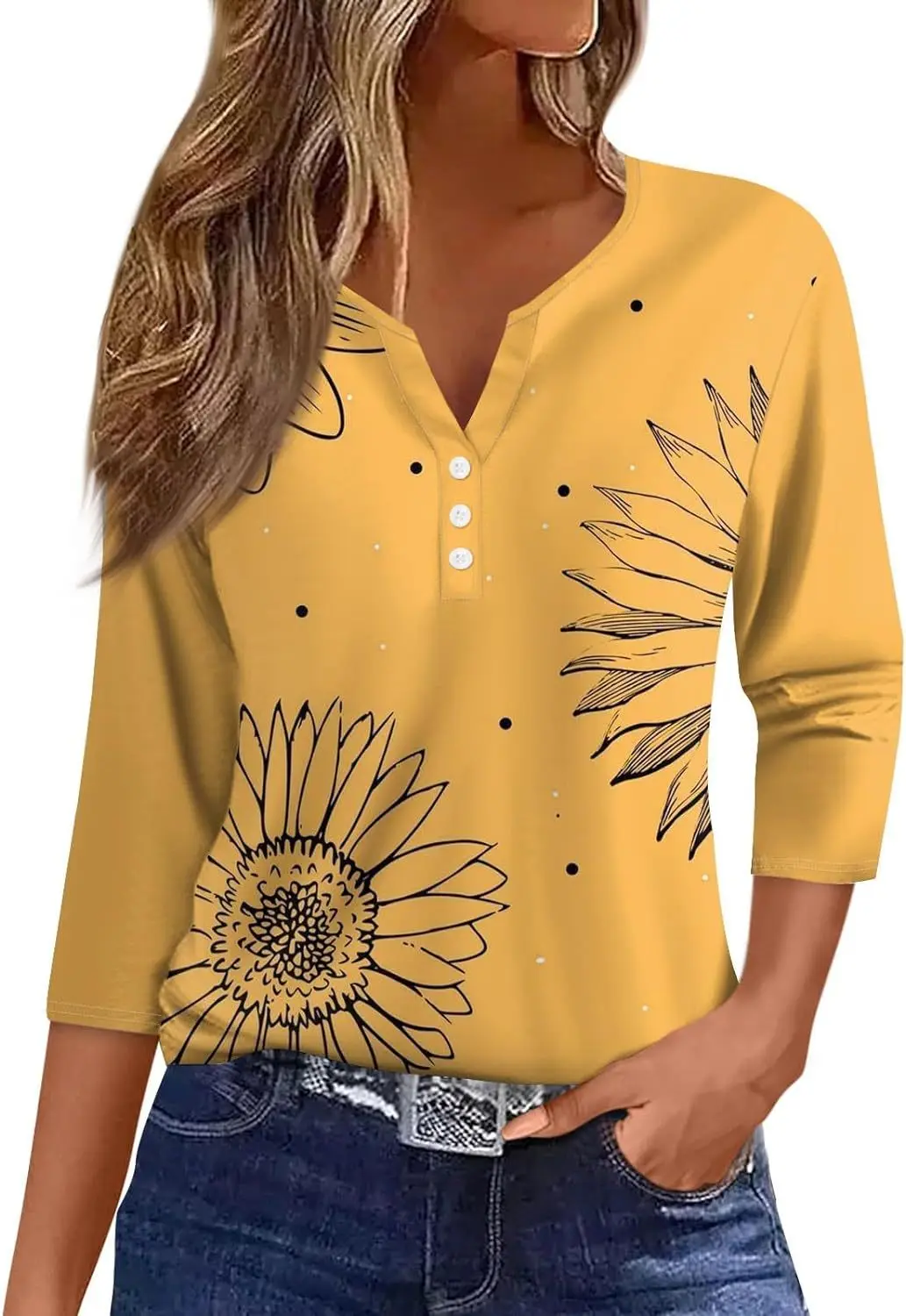 Summer Digital Printing New Fashionable Button Simple Daisy Seven Quarter Sleeve Women's Design Sense High-EndWG23