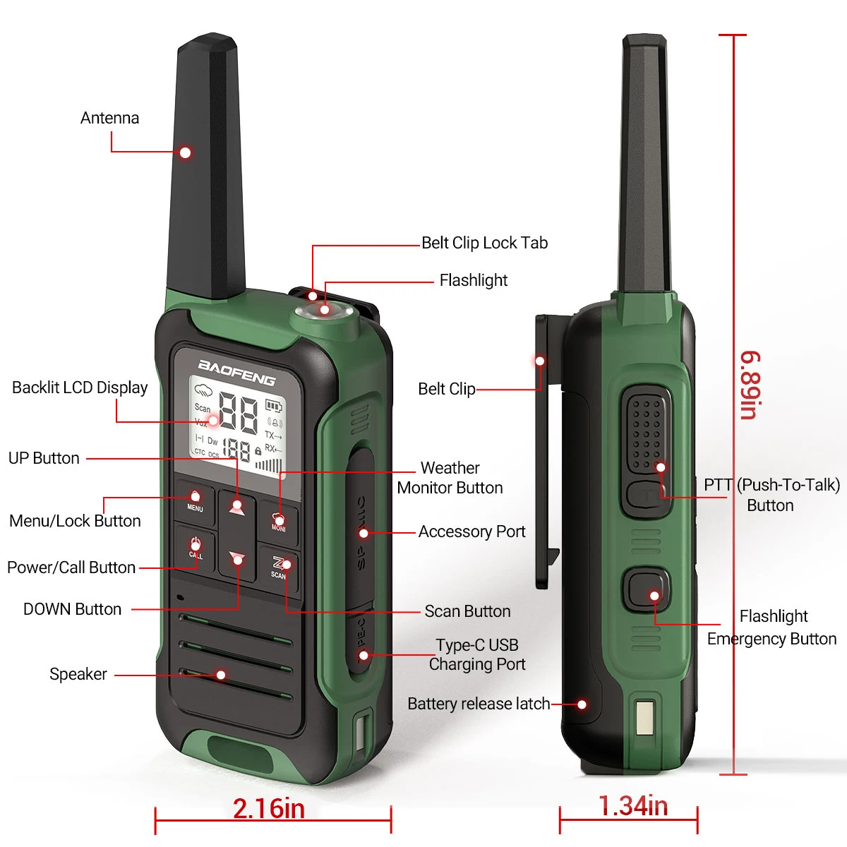 2 sztuki Baofeng F22 PMR446/FRS Walkie Talkie bezlicencyjne przenośny wyświetlacz LCD VOX dwukierunkowe obsługa radia typu C do polowania