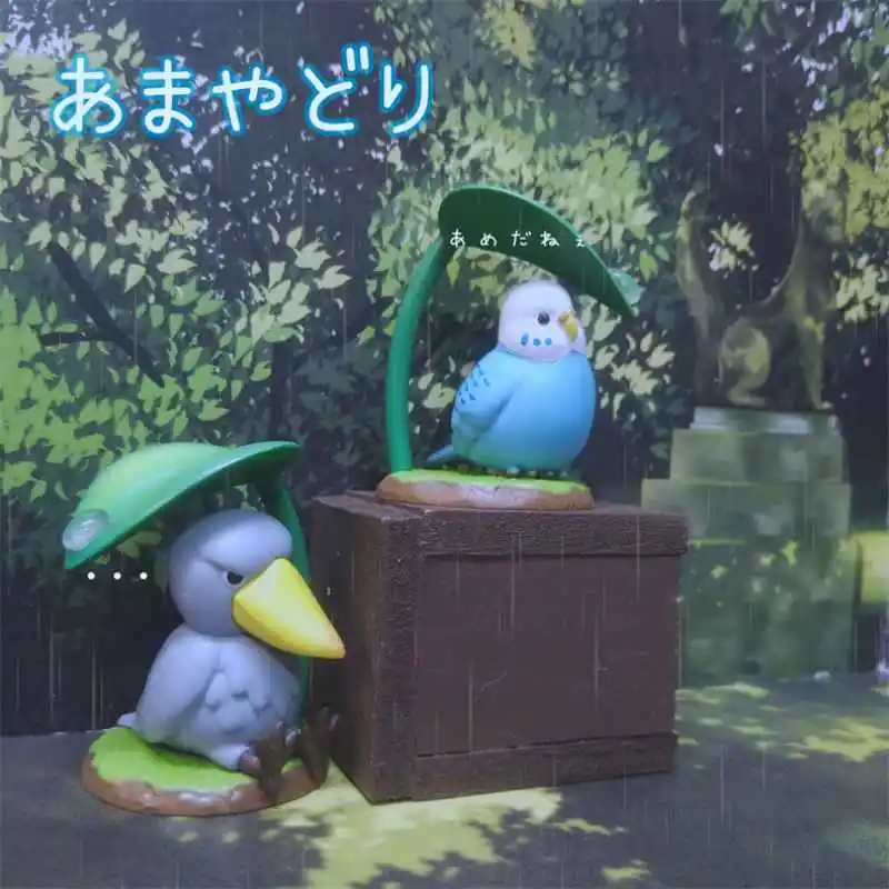 Qualia Capsule Toy Amayadori Mascot Figure Cute Birds Budgerigar Owl Shoebill Eagle Avoid The Rain Under Leaf Umbrella Toy Gift