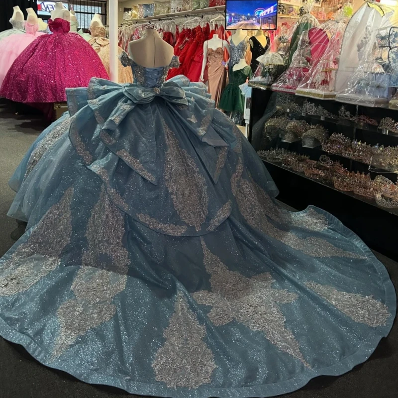 Sky Blue Shiny Princess Off the Shoulder Sweet 16 Dress Quinceanera Dresses Applique Lace Beads Bow Tull Party Birthday Vestidos