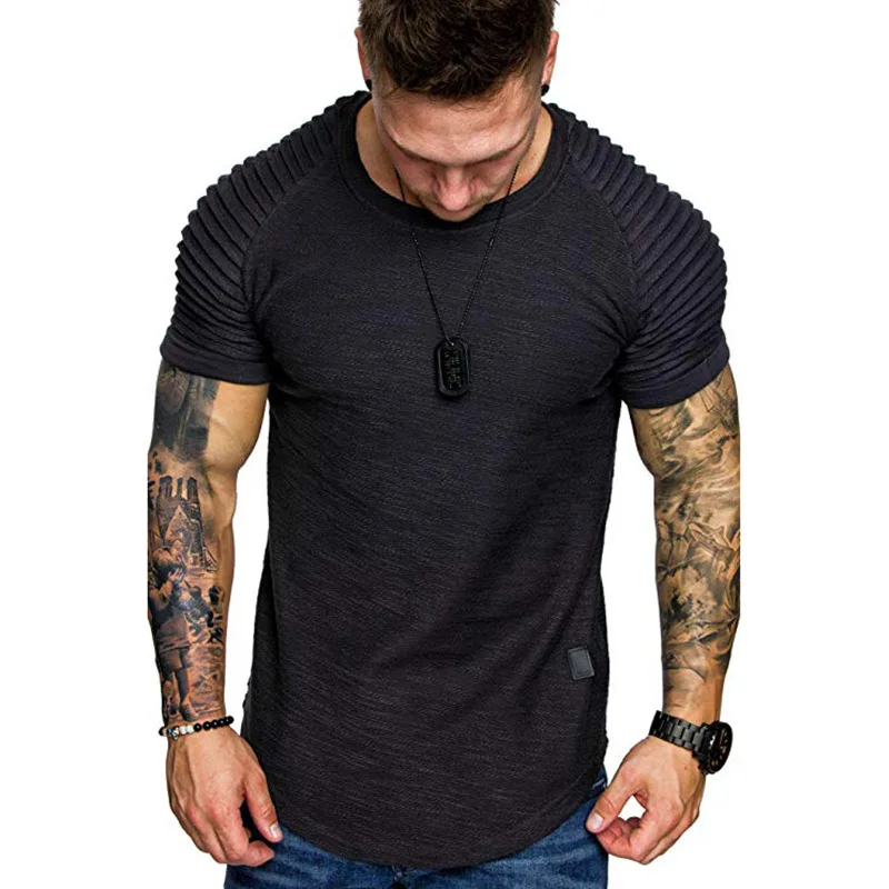 New summer crew-neck slim-fit pleated casual short-sleeved youth fashion base shirt men\'s sports shoulder sleeve top