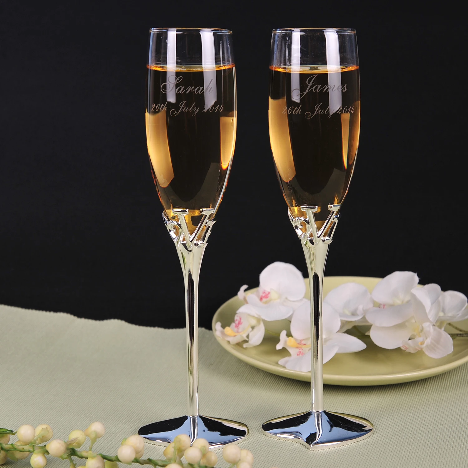 

Custom Bride and Groom Wedding Toasting Flutes with Love Personalized Heart Shaped Base Toasting Flutes (Set of 2)