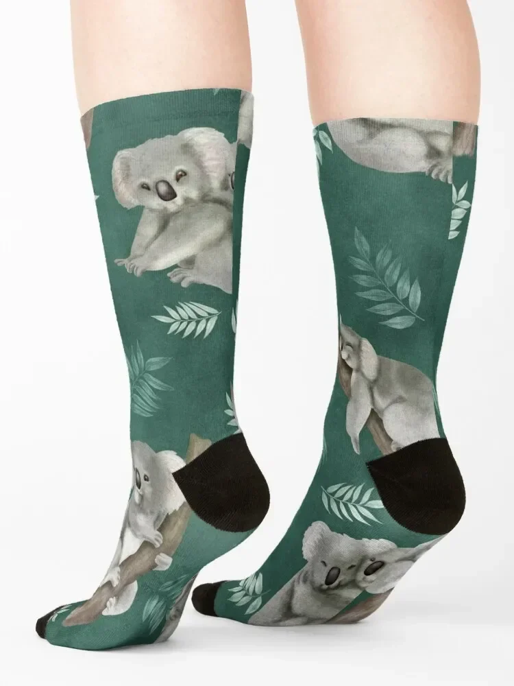 Cute koala and leaves branch watercolor illustration on green background. Sweet Australian animal children pattern Socks