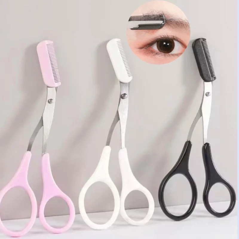 3 Colors Safe Eyebrow Trimmer Eyebrow Scissors with Comb Hair Removal Shaver Eyebrows Shaping Makeup Tool  Stainless Steel White
